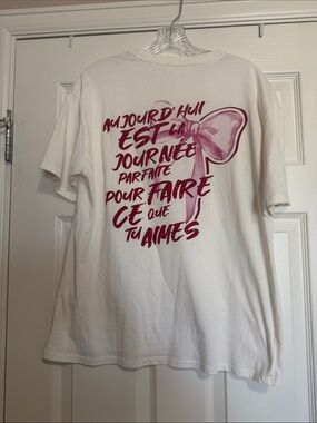 White Short Sleeve Tee with Pink Script and Bow Graphic